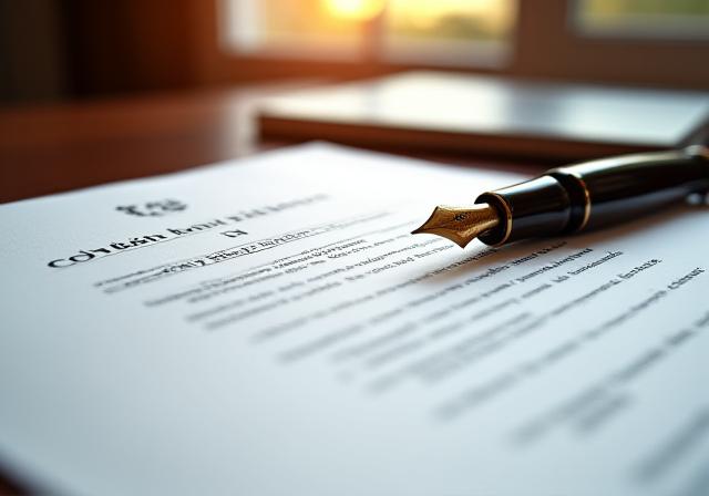 Close up of a legal contract with a fountain pen ready for signing