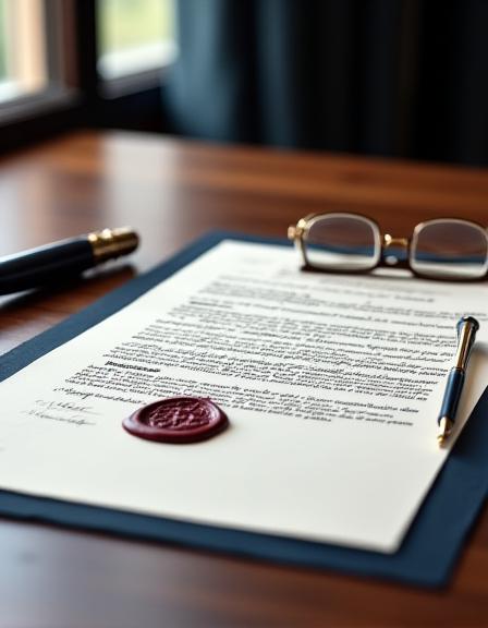 Oak desk with legal documents and a fountain pen representing Thames Draft security standards