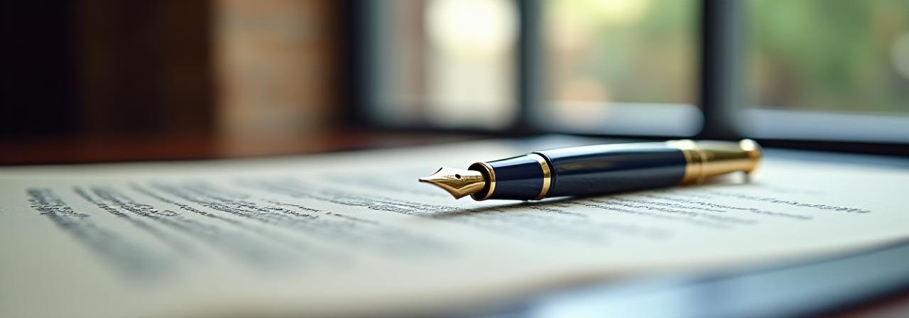 Close-up of a fountain pen and legal parchment in a London office
